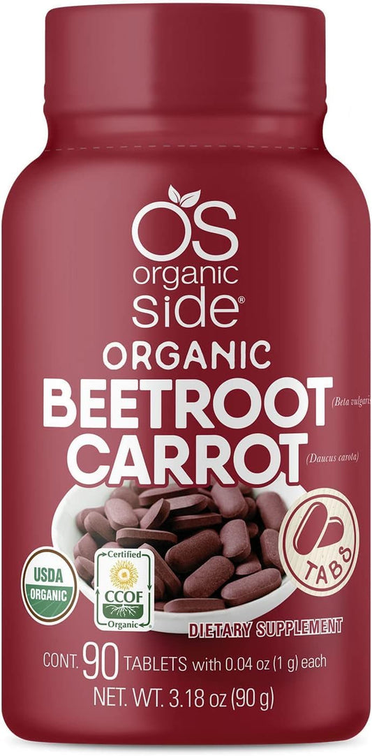 OS Organic Side beetroot carrot tablets bottle top showing convenient packaging