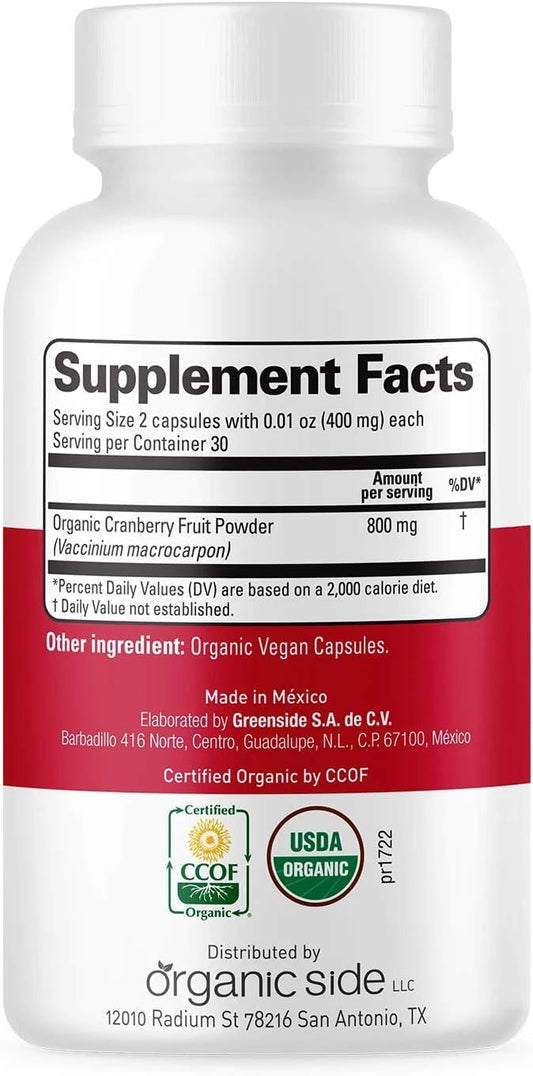 OS Organic Side cranberry capsules bottle close-up highlighting high-potency extract