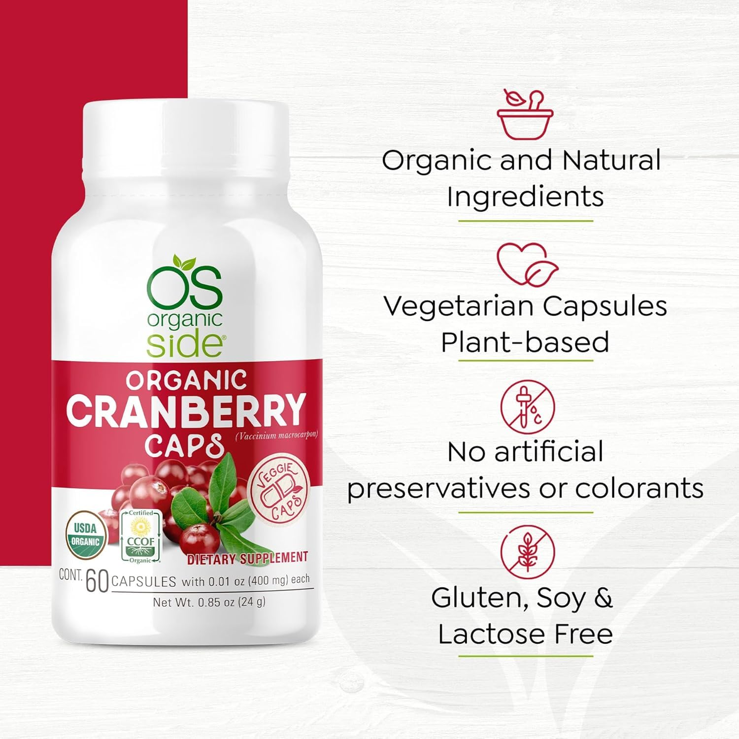 OS Organic Side vegan non-GMO badge signals clean, plant-based capsules