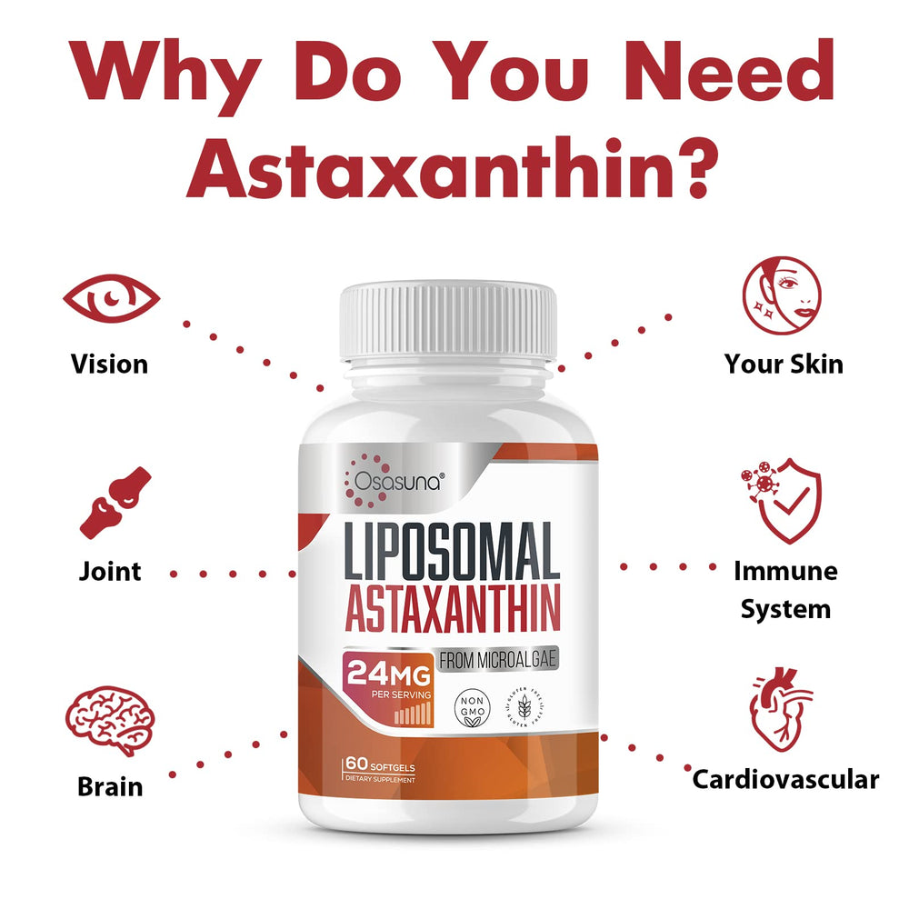 Osasuna Liposomal Astaxanthin 24mg packaging with third-party test results for reliability.