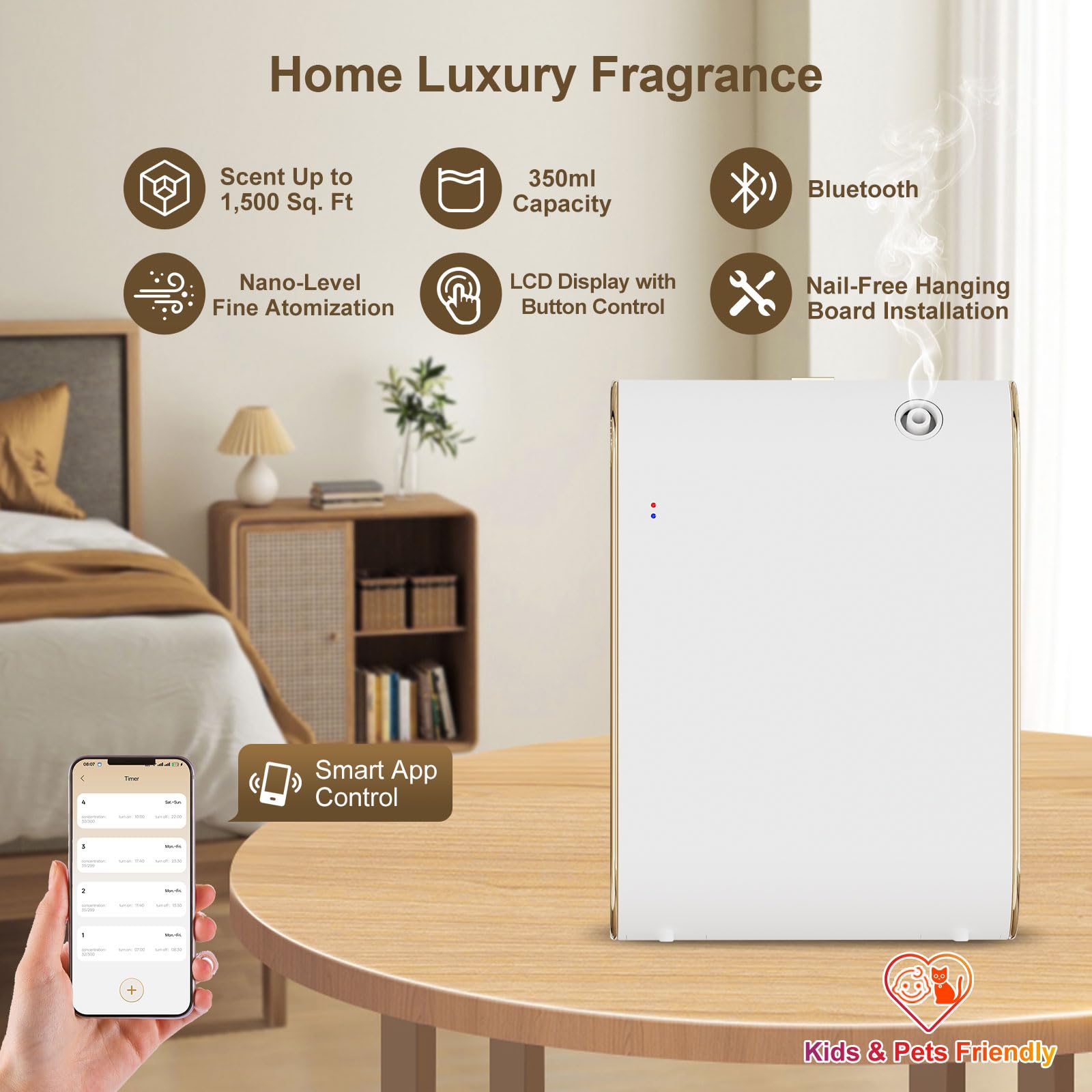 Oscentpro Smart Scent Air Machine side view highlighting the gold trim for modern decor