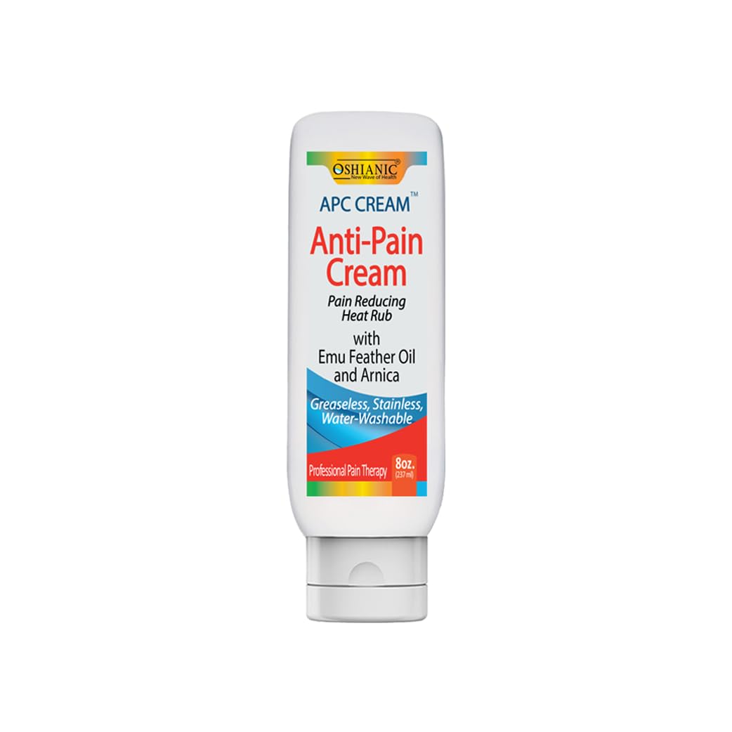 Oshianic APC Pain Cream bottle with Emu Oil and Arnica for smooth, grease-free daily relief.