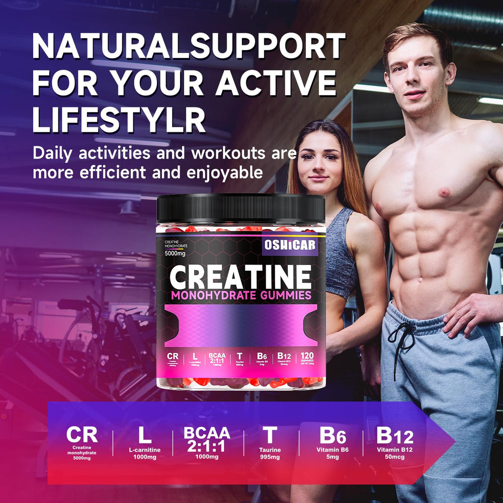 OSHICAR Creatine Gummies dietary icons showing vegan and gluten-free formulation