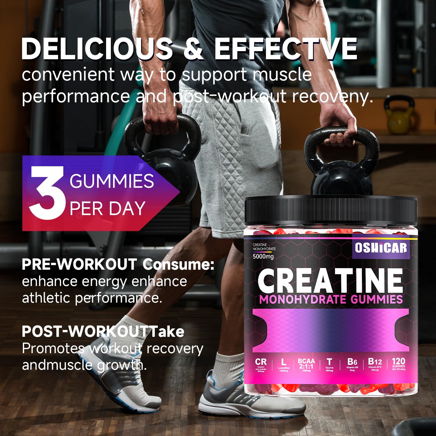 OSHICAR Creatine Gummies label nutrition with essential ingredients and clarity