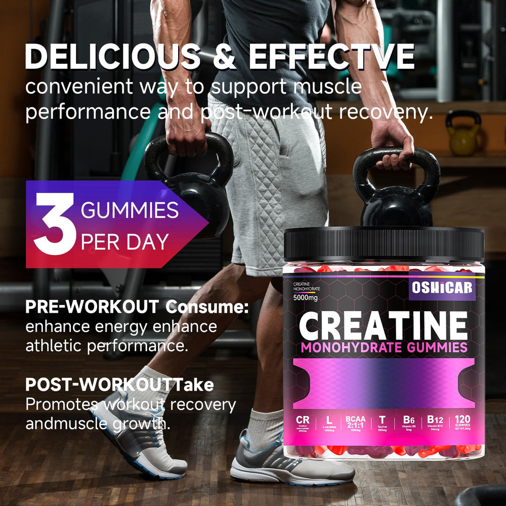 OSHICAR Creatine Gummies label nutrition with essential ingredients and clarity