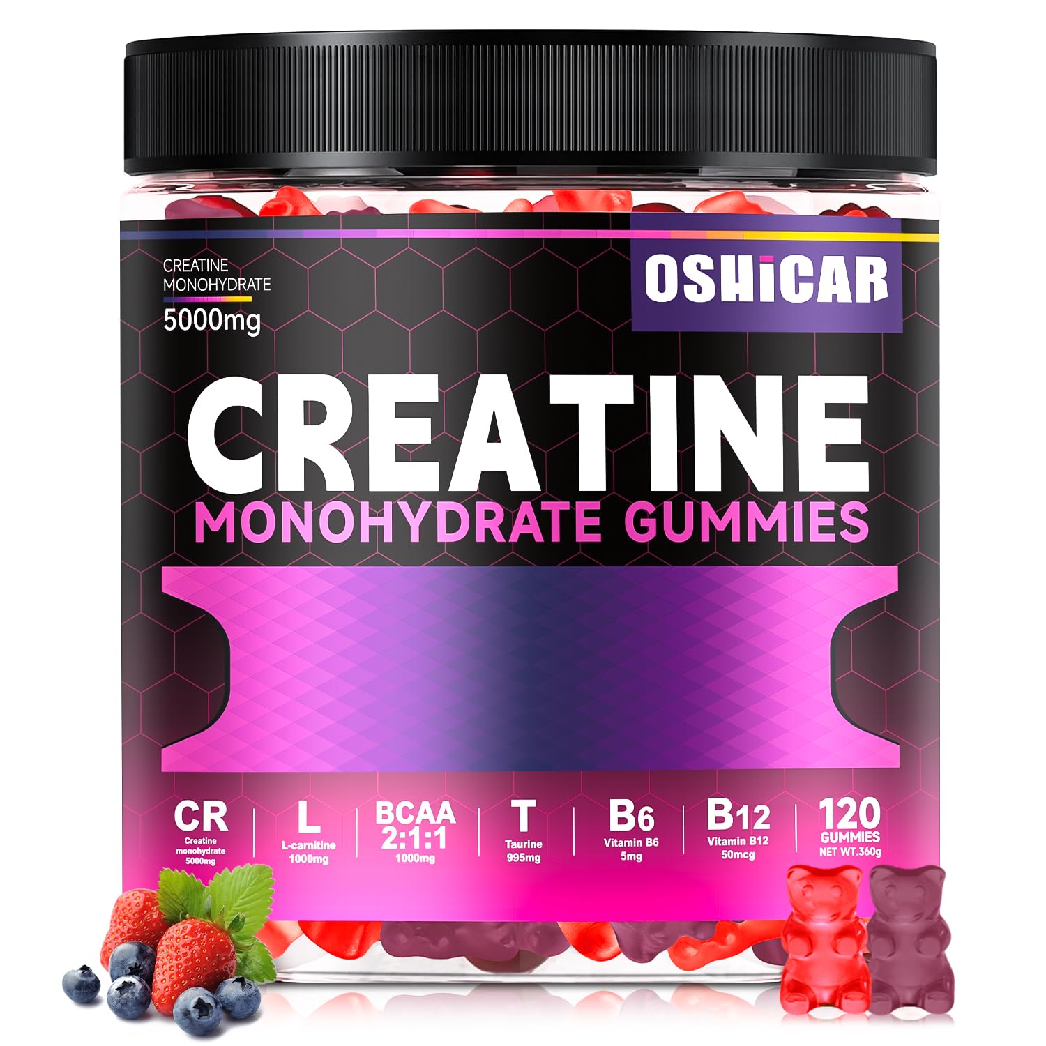 OSHICAR Creatine Gummies Raspberry bottle shown for convenient post-workout support