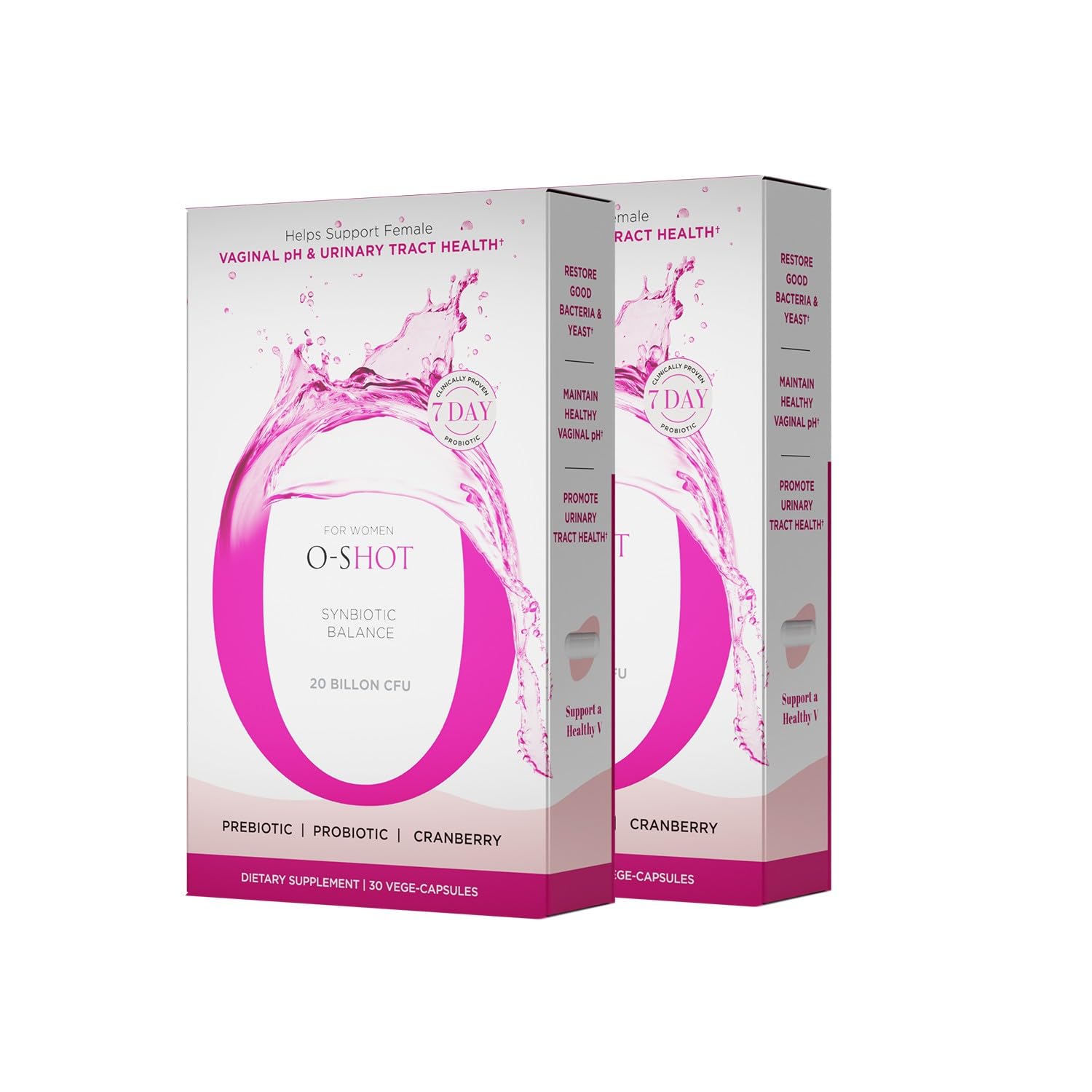 O-Shot 2-pack vegan probiotic bottles on shelf showing packaging for vaginal and urinary health