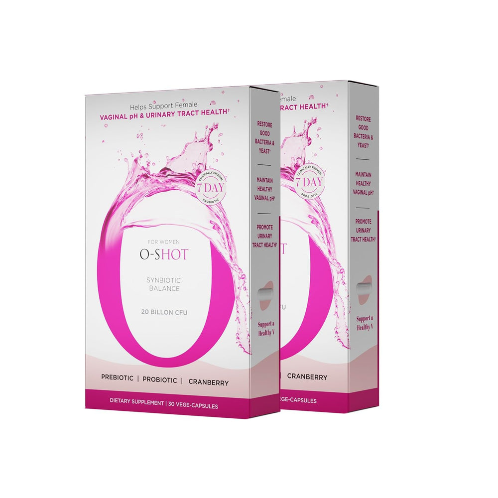 O-Shot 2-pack vegan probiotic bottles on shelf showing packaging for vaginal and urinary health