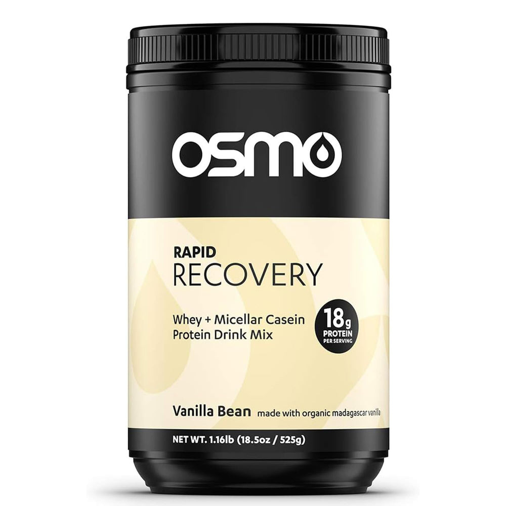 Osmo Rapid Recovery vanilla powder tub on display, emphasizing whole-food ingredients