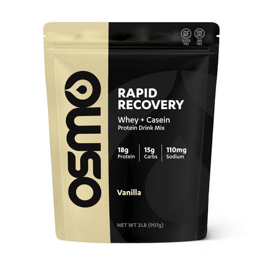 Osmo Rapid Recovery vanilla tub showing premium whey and casein blend for post-workout support