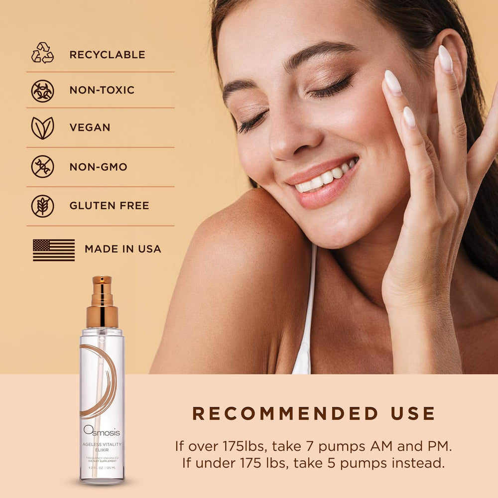 OSMOSIS Ageless Vitality Elixir packaging underscores size and daily intake.