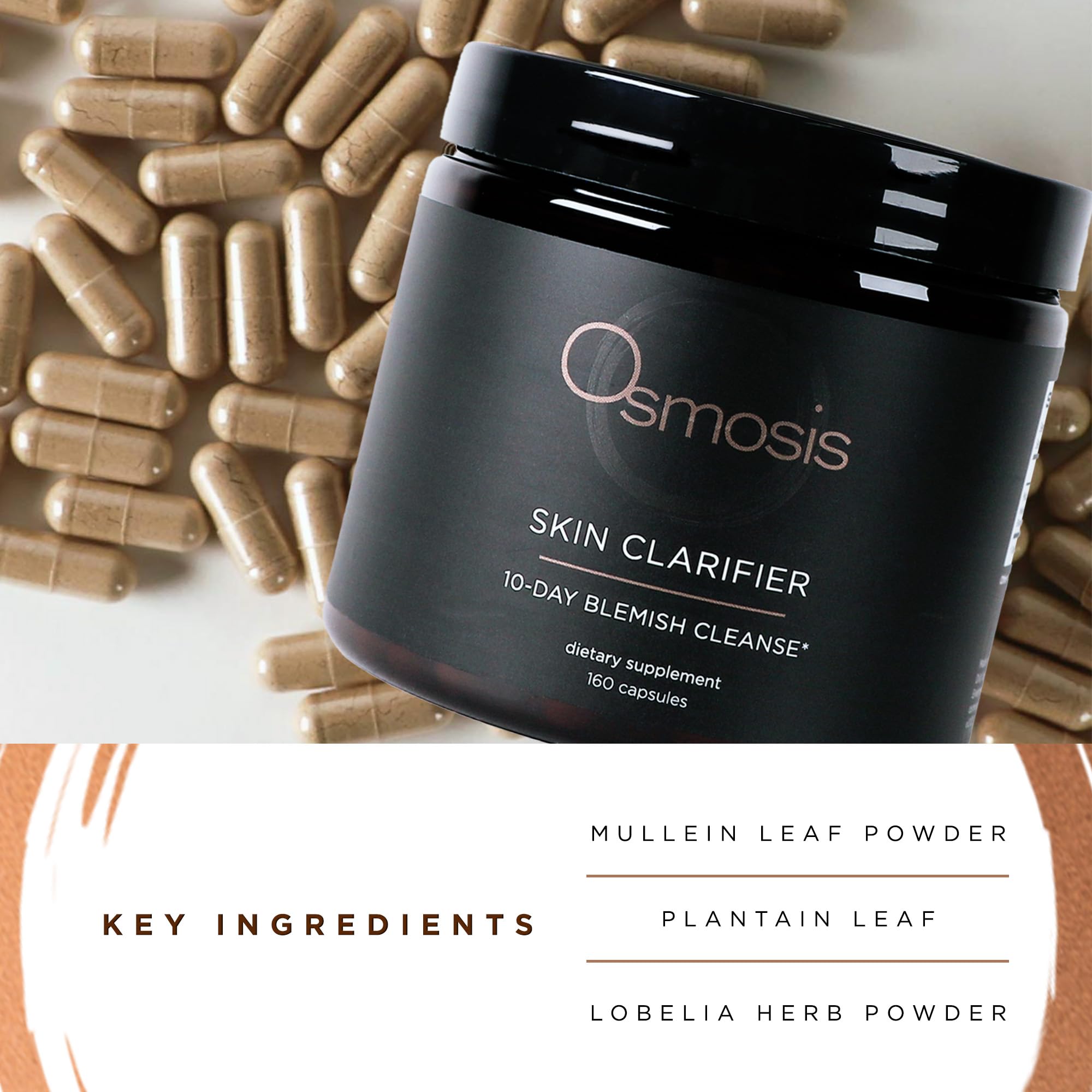 Close-up of OSMOSIS Skin Clarifier capsules highlighting natural ingredients.
