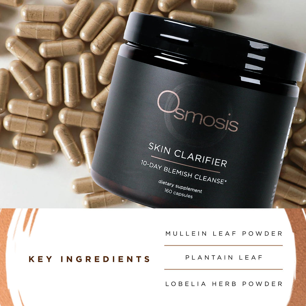 Close-up of OSMOSIS Skin Clarifier capsules highlighting natural ingredients.
