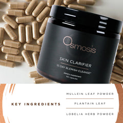 Close-up of OSMOSIS Skin Clarifier capsules highlighting natural ingredients.