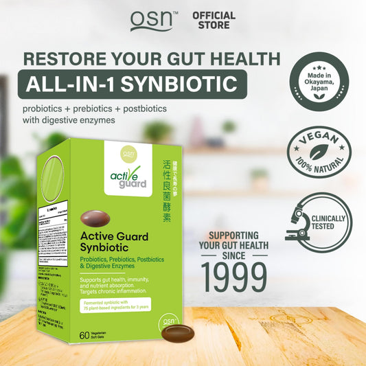 OSN ActiveGuard capsules close-up showing multi-strain blend for gut balance