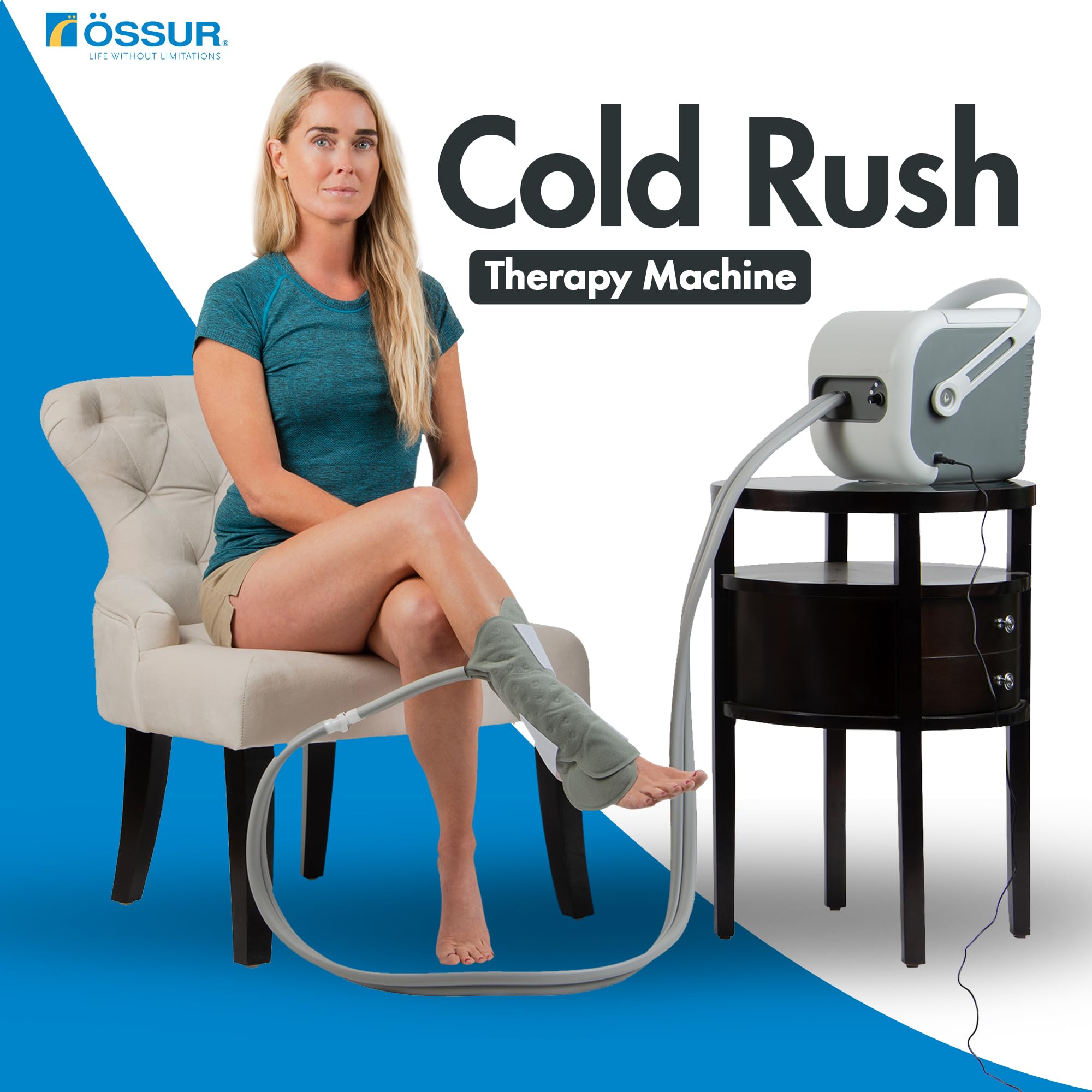 Ossur Cold Rush knee therapy setup showing targeted cold compression.