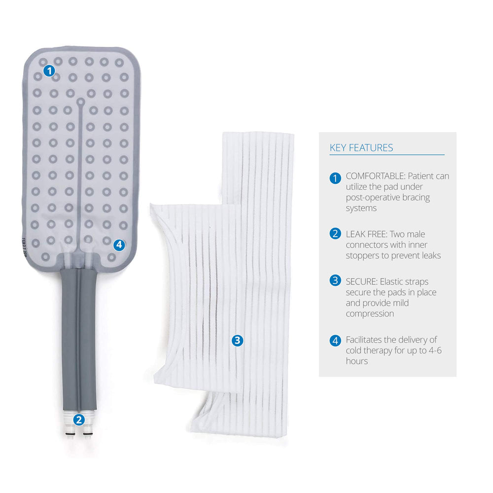 Ossur Cold Rush rectangular pad wrapped around knee for precise cooling therapy during recovery