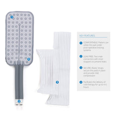 Ossur Cold Rush rectangular pad wrapped around knee for precise cooling therapy during recovery