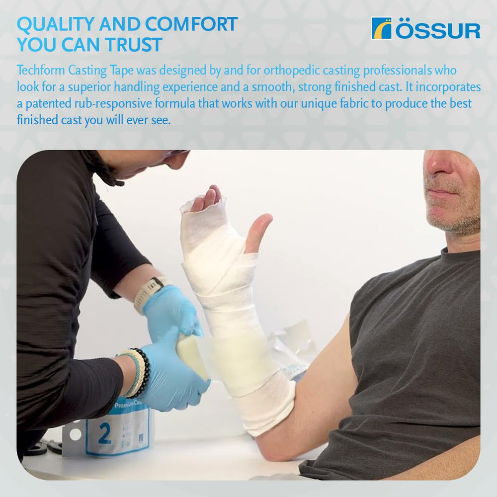 Össur Techform Premium Casting Tape packaging highlights quality for hospital use and durability.