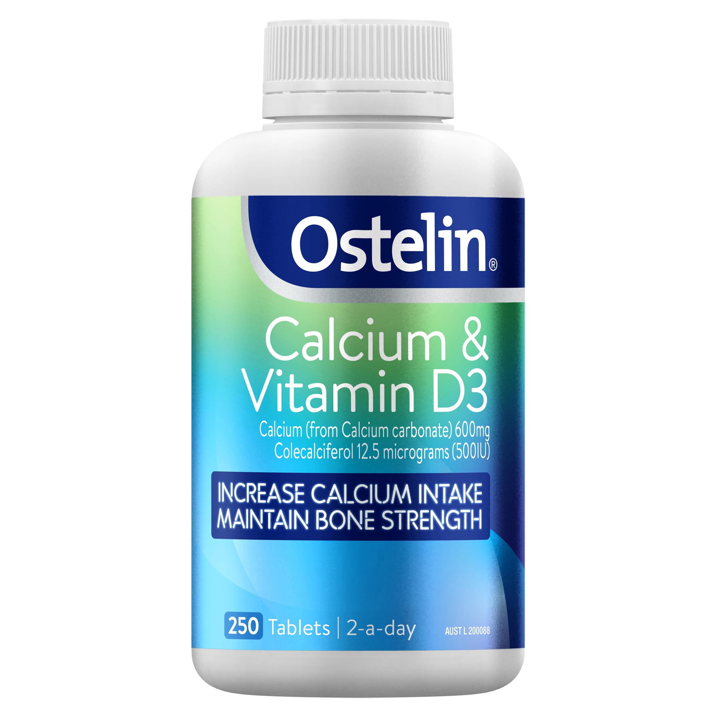 Ostelin Calcium and Vitamin D3 bottle showing 250 tablets for bone support.
