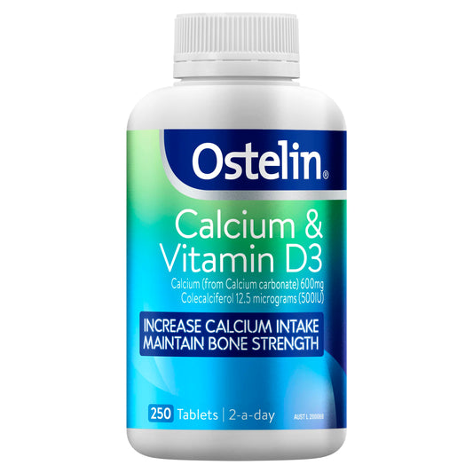 Ostelin Calcium and Vitamin D3 bottle showing 250 tablets for bone support.