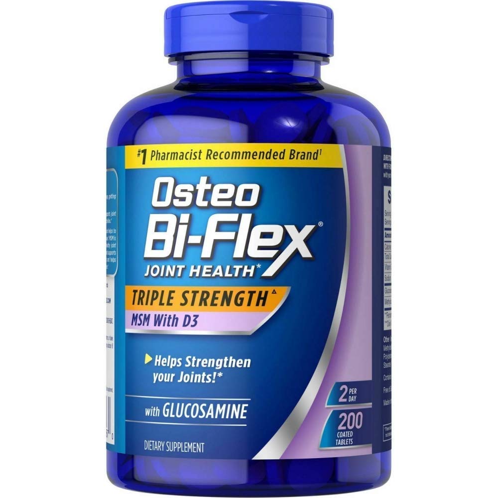 Osteo Bi Flex bottle displaying glucosamine and vitamin D for joint support