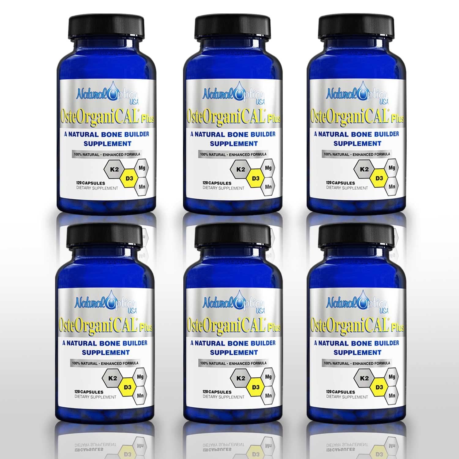 Osteorganical Plus bottle front with plant-based calcium, D3, K2 and minerals for bone health