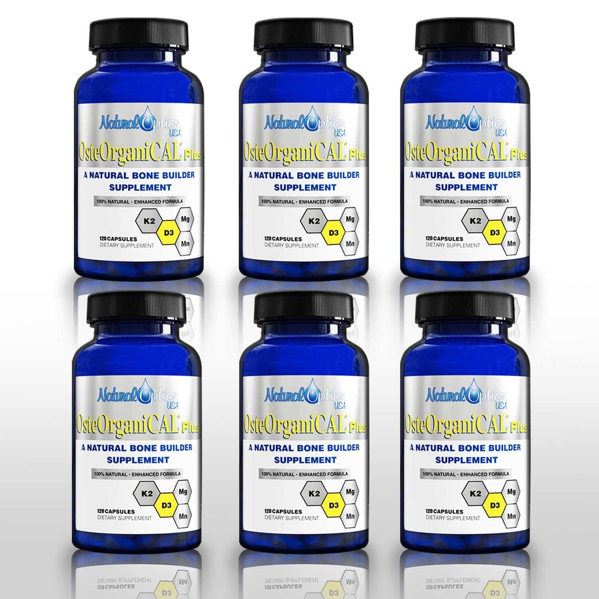 Osteorganical Plus bottle front with plant-based calcium, D3, K2 and minerals for bone health