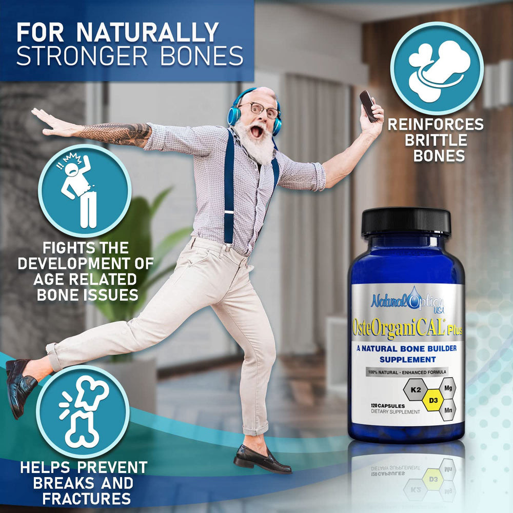 Osteorganical Plus product on shelf communicates a comprehensive bone health option