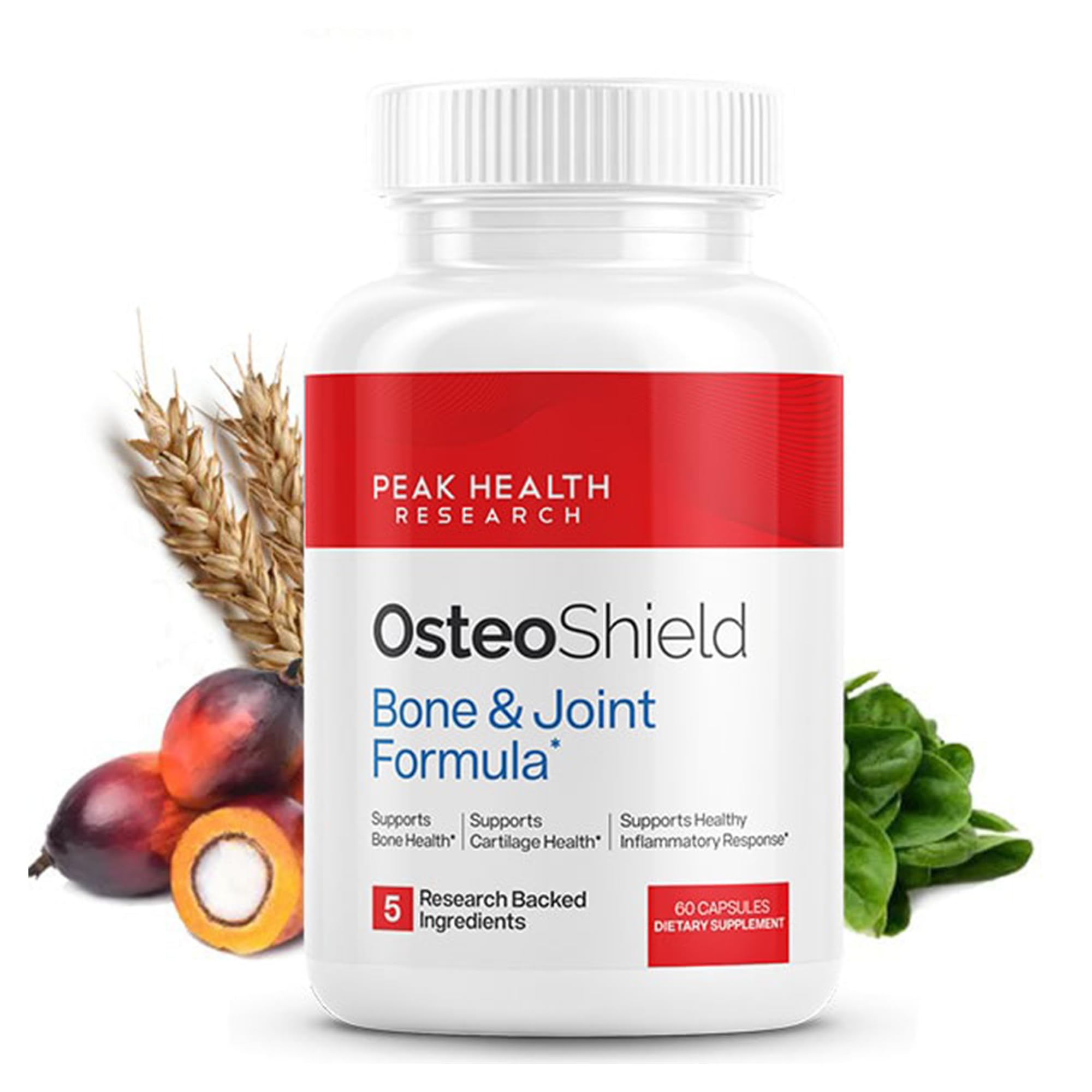 OsteoShield bottle front showing Peak Health Research calcium formula for joint support
