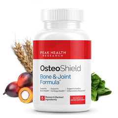 OsteoShield bottle front showing Peak Health Research calcium formula for joint support