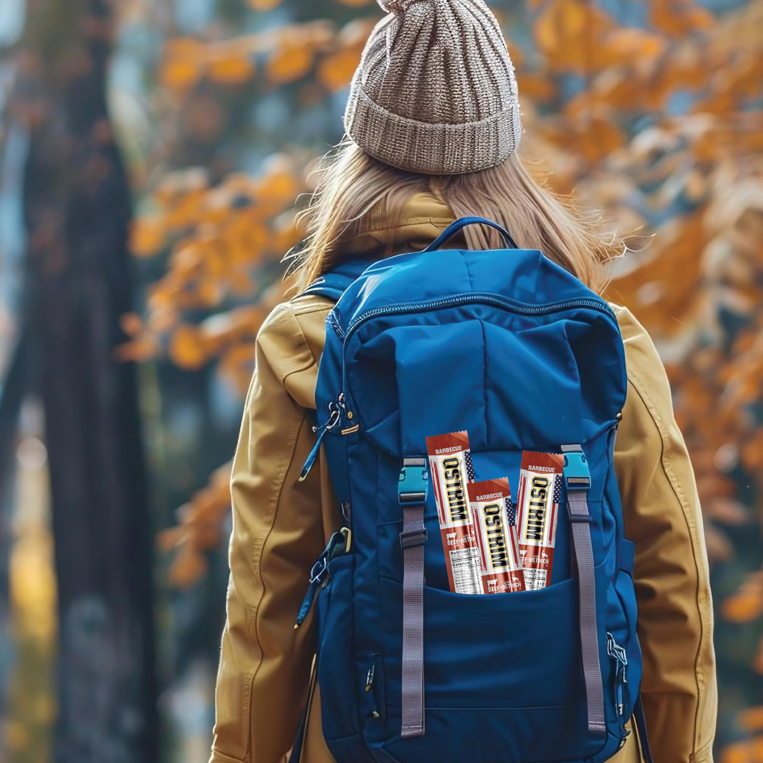 Ostrim backpack-ready jerky snack for traveling.