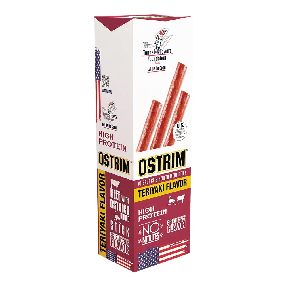 Ostrim beef and ostrich jerky teriyaki sticks; pack of ten for a protein-rich snack.