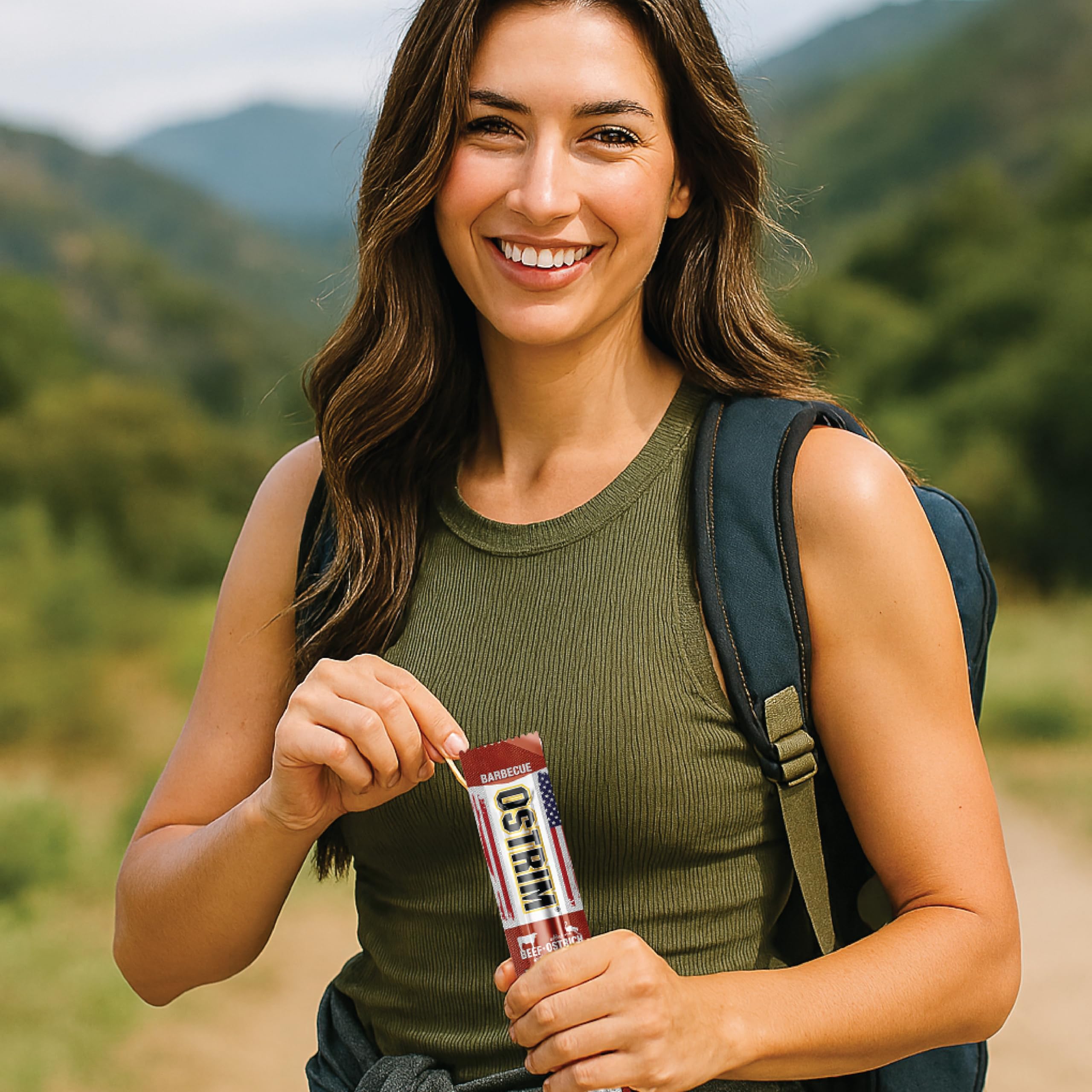 Ostrim packaging label shows gluten-free and keto-friendly options.