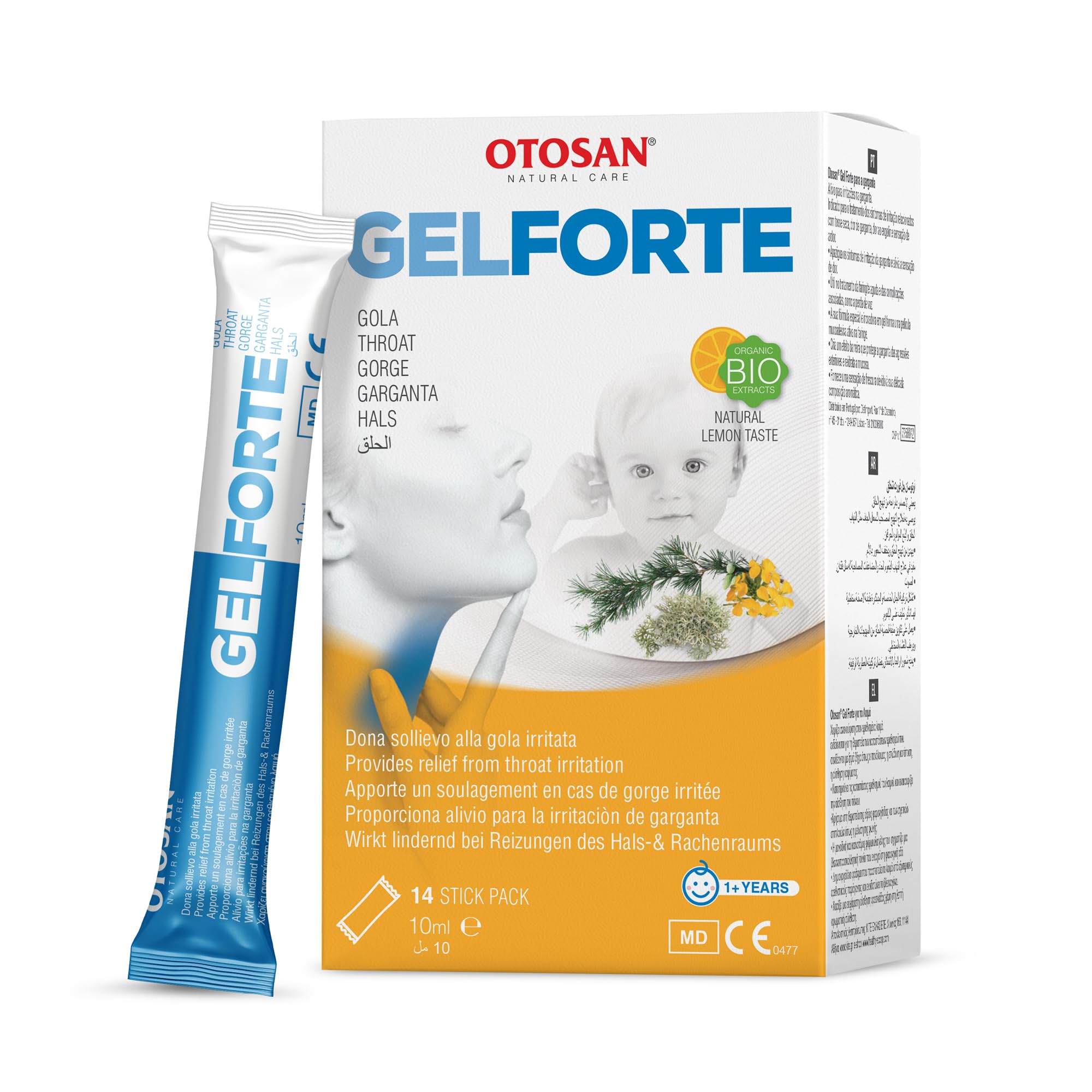 Otosan Gola Gel Forte 14-stick pack shown for quick, lemon-flavored throat relief on the go.