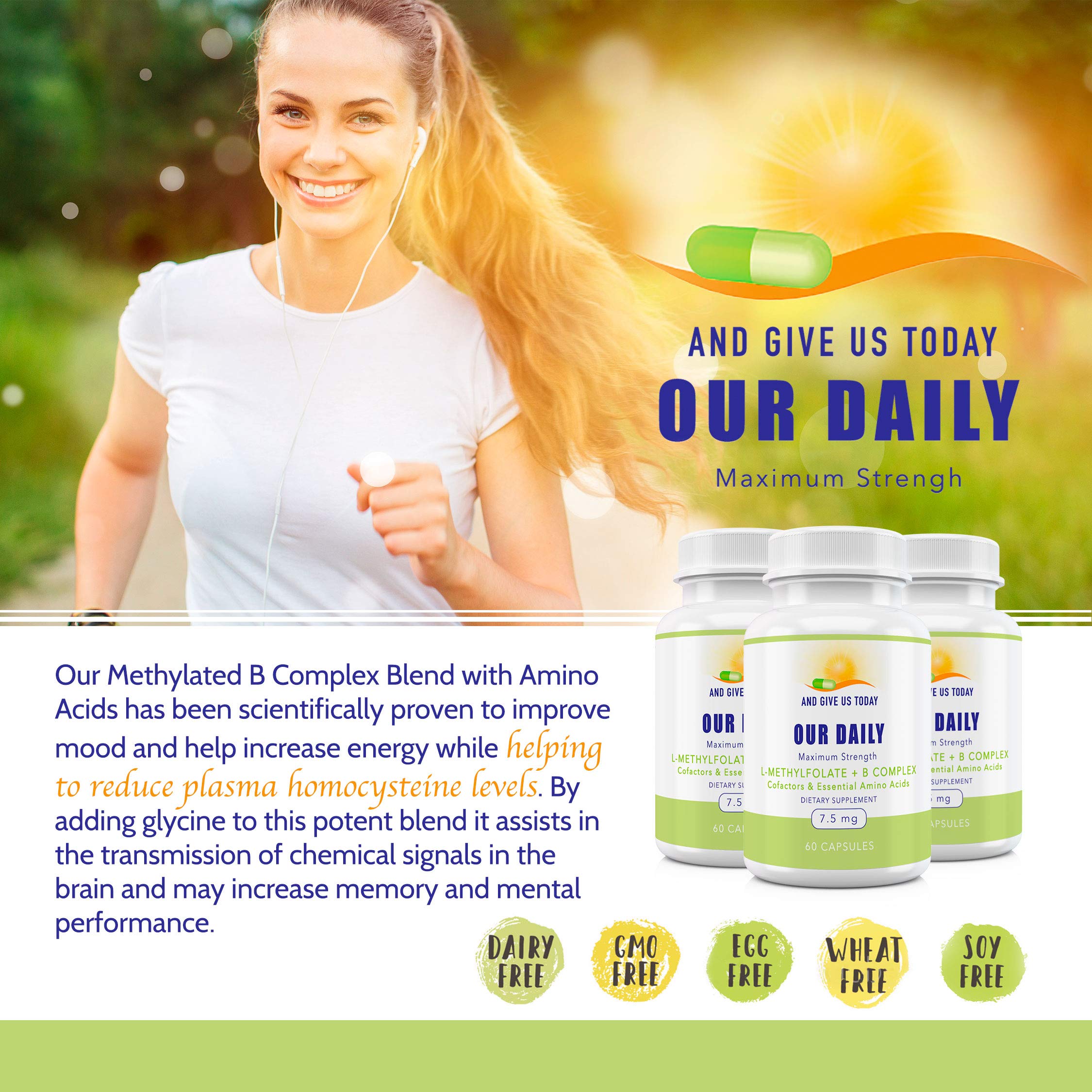 Label detail of Our Daily Vites L-Methylfolate B Complex highlighting allergen-free formula