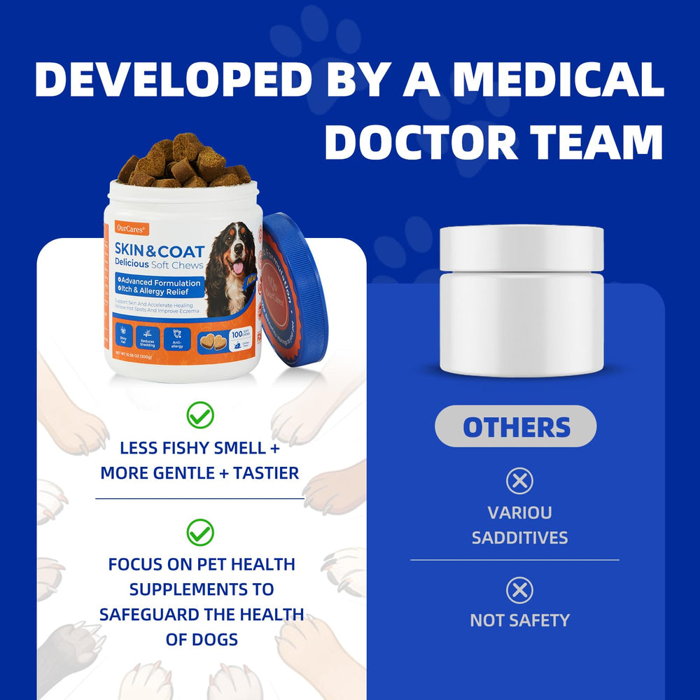 OurCares Omega-3 dog glossy coat indicates hydration and healthy fur.