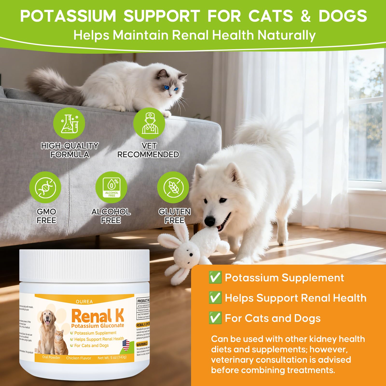 Ourea Renal K label highlights vet-recommended formula.