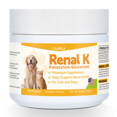Ourea Renal K powder with chicken flavor for easy palatability during meals.