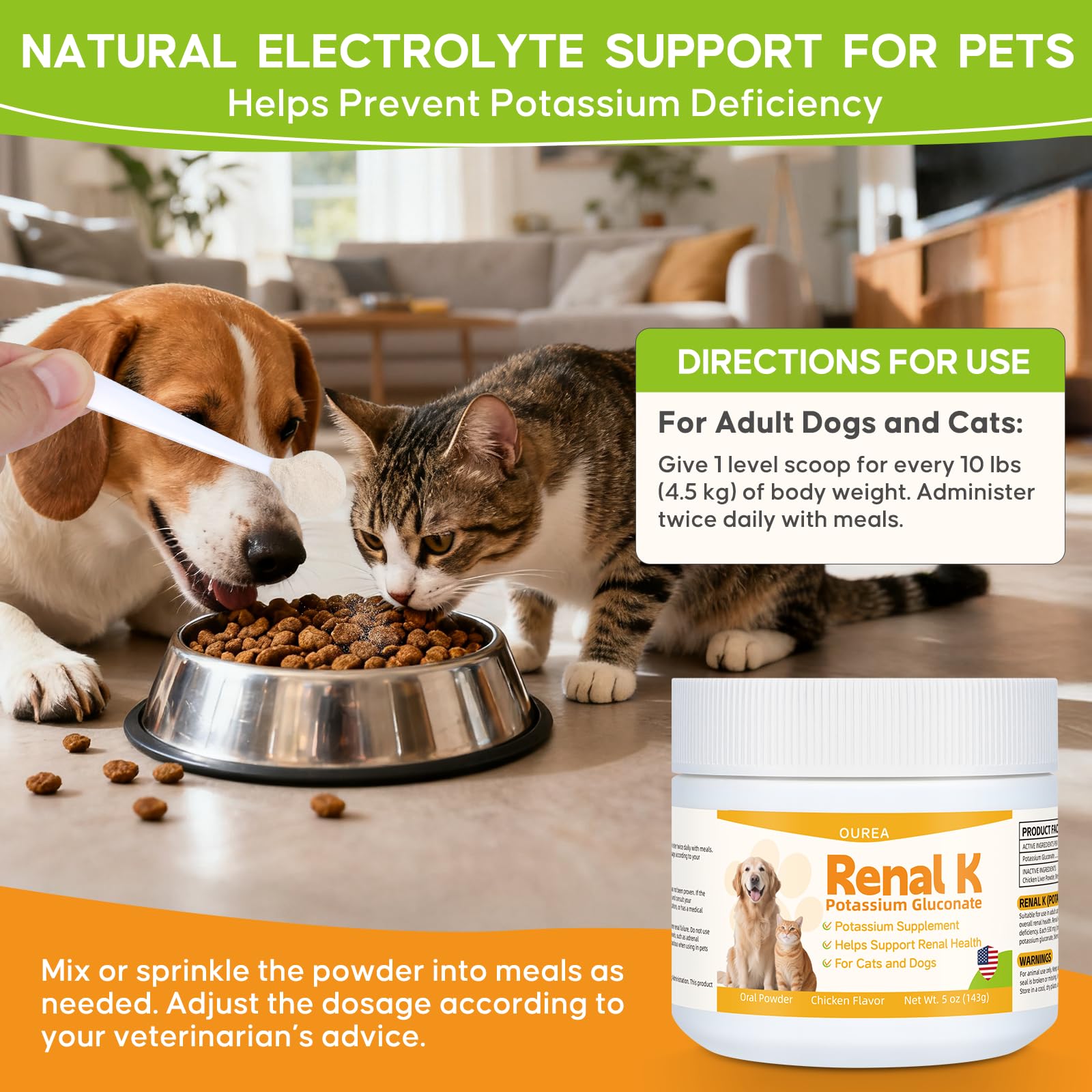 Ourea Renal K supports energy and activity in pets.