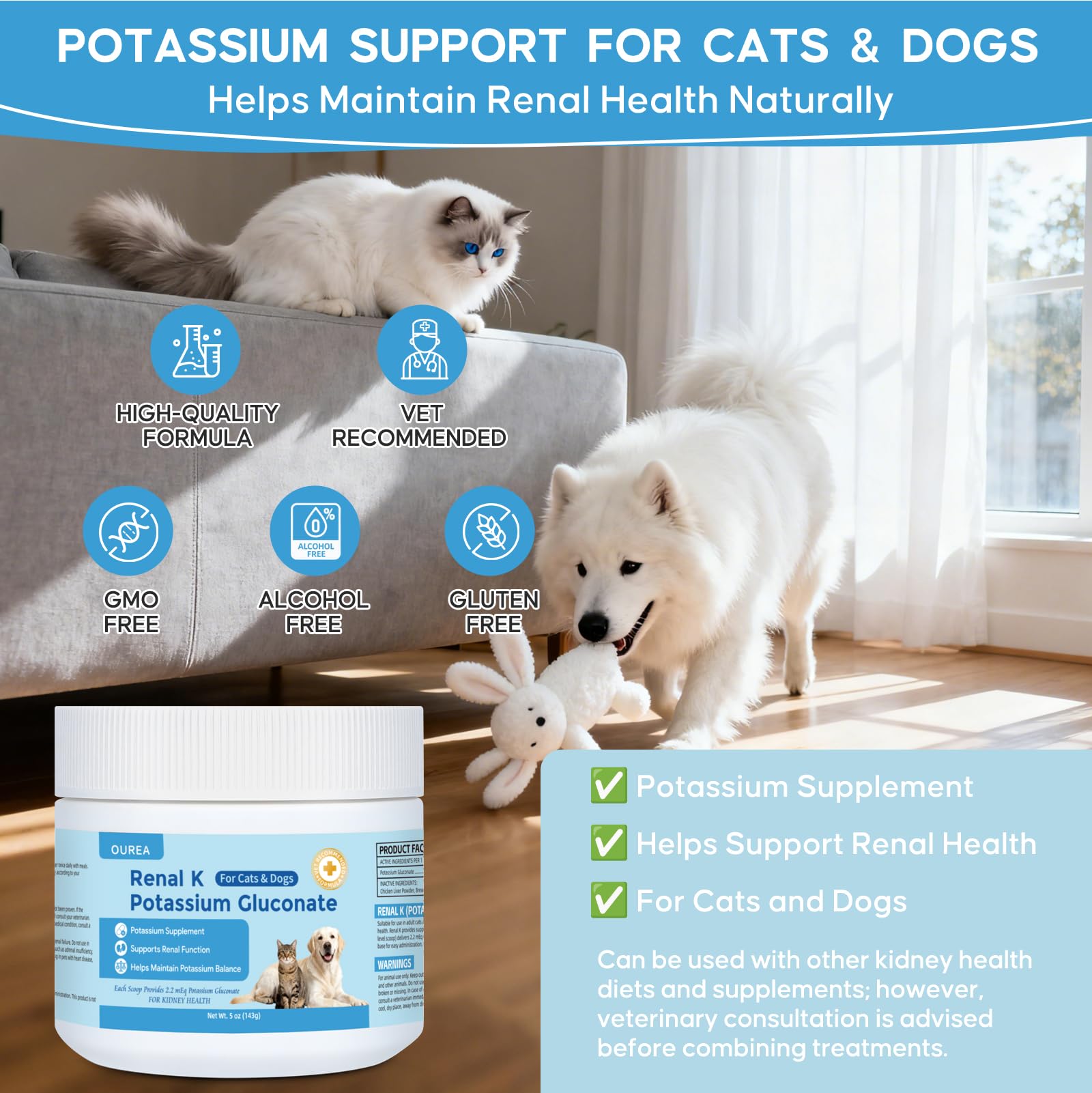 Ourea Renal K supports mealtime acceptance during pet feeding.