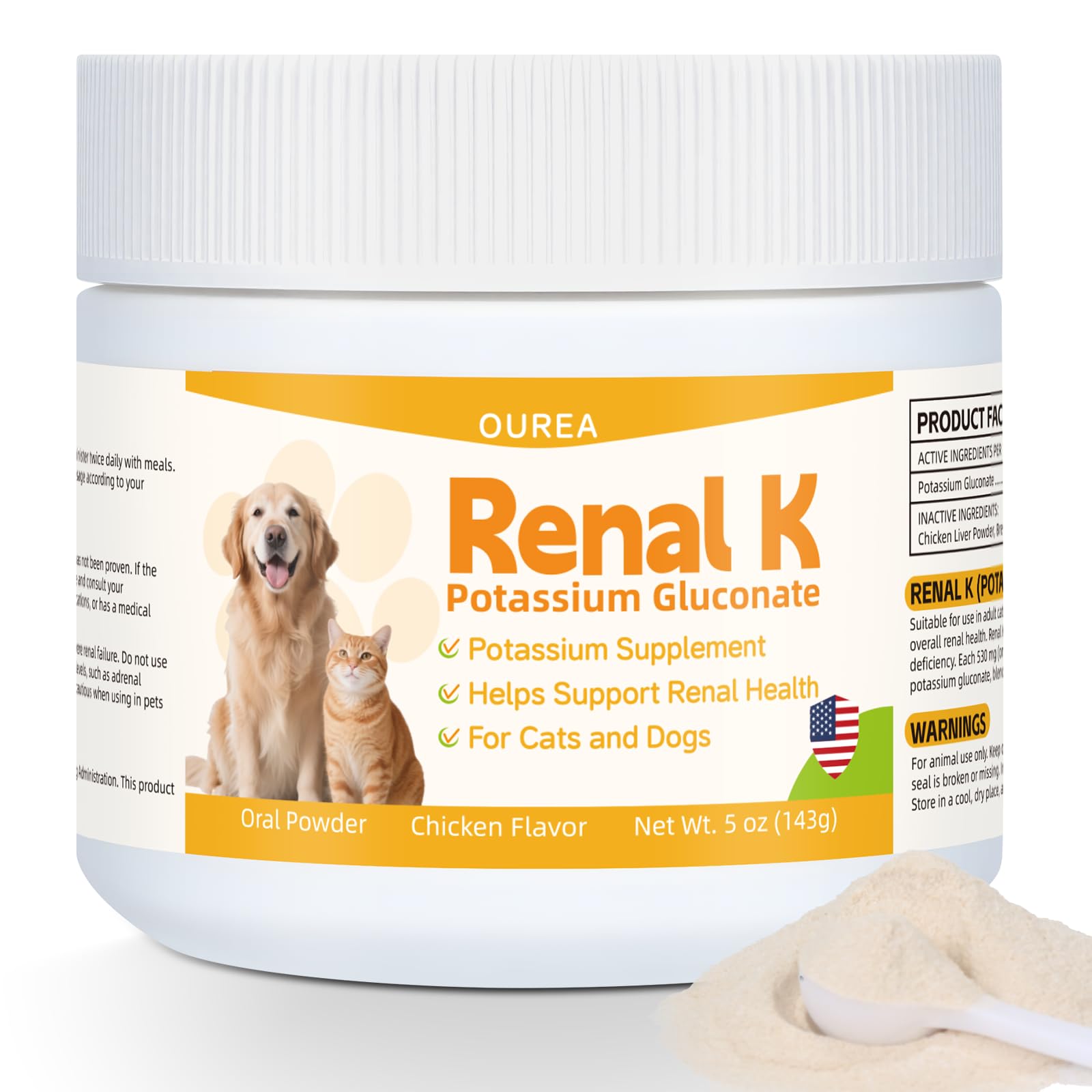 Ourea Renal K powder scoop for kidney support and balanced potassium levels.