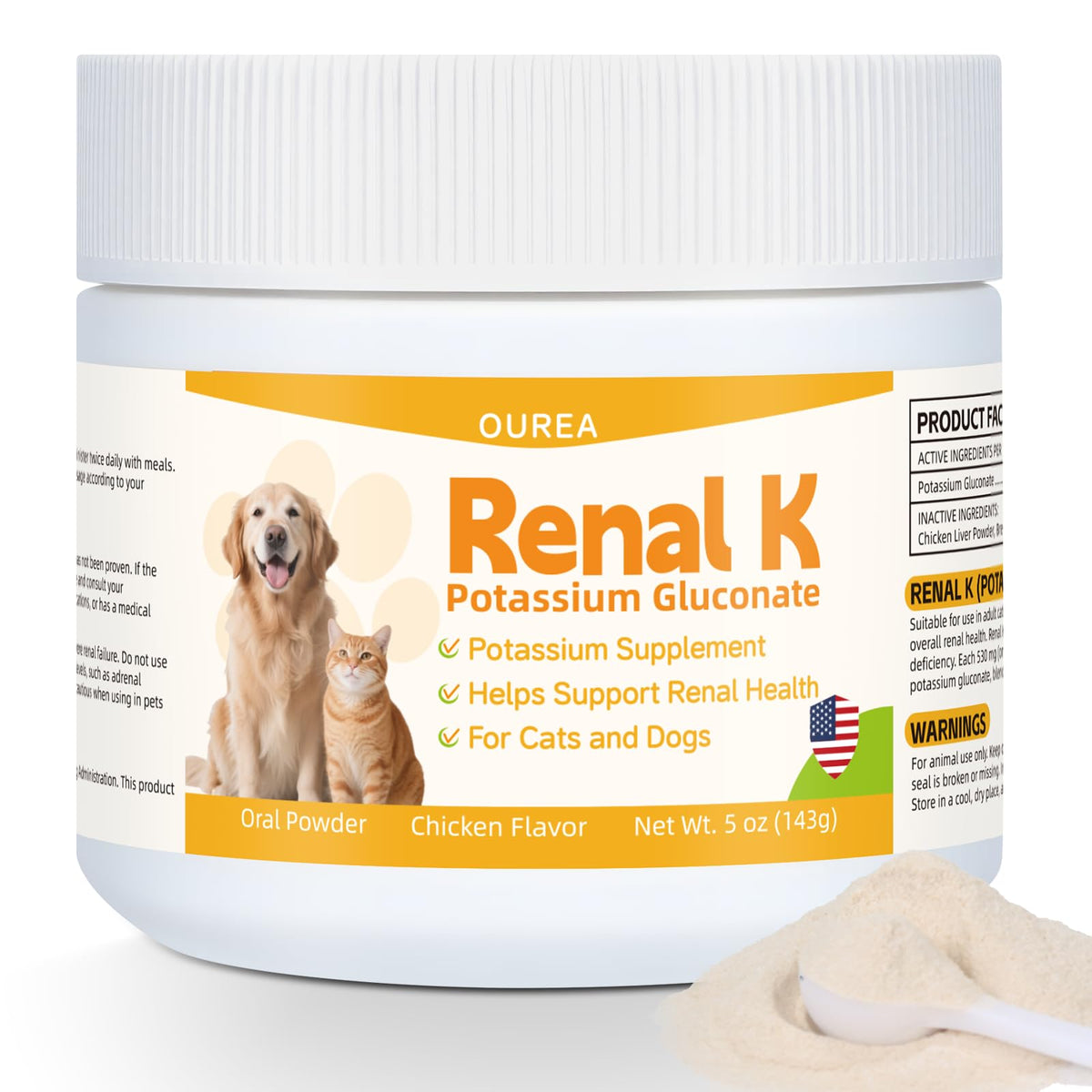 Ourea Renal K powder scoop for kidney support and balanced potassium levels.