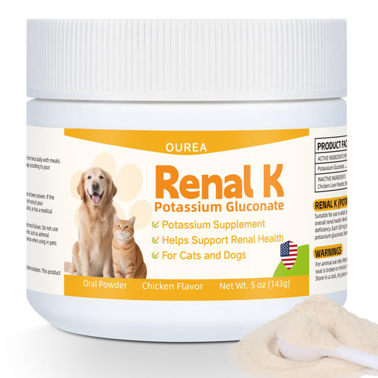 Ourea Renal K powder scoop for kidney support and balanced potassium levels.