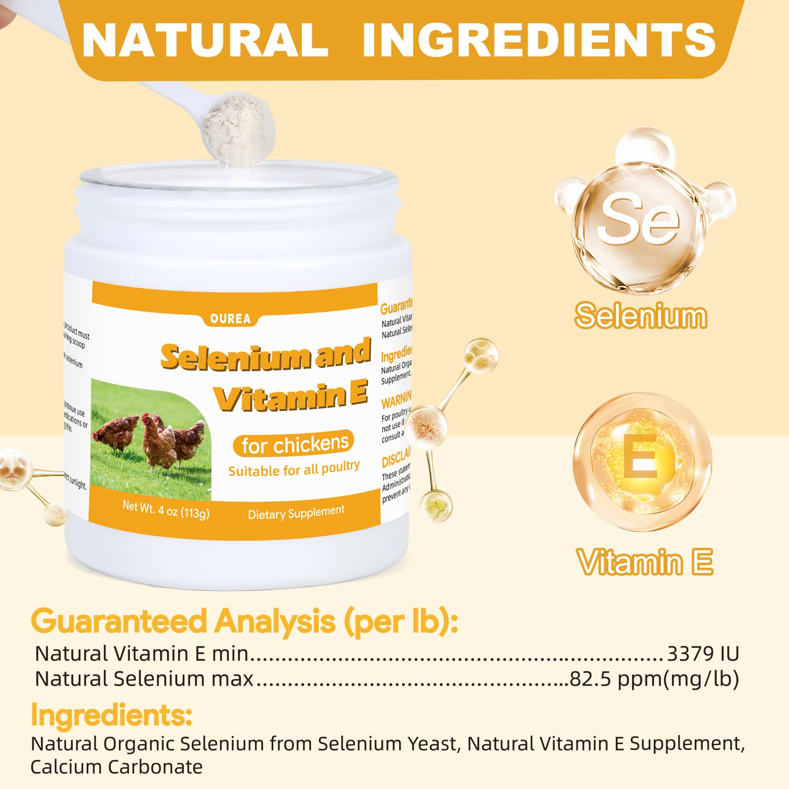 Ourea selenium and vitamin E powder for chickens in backyard flock ready for feeding