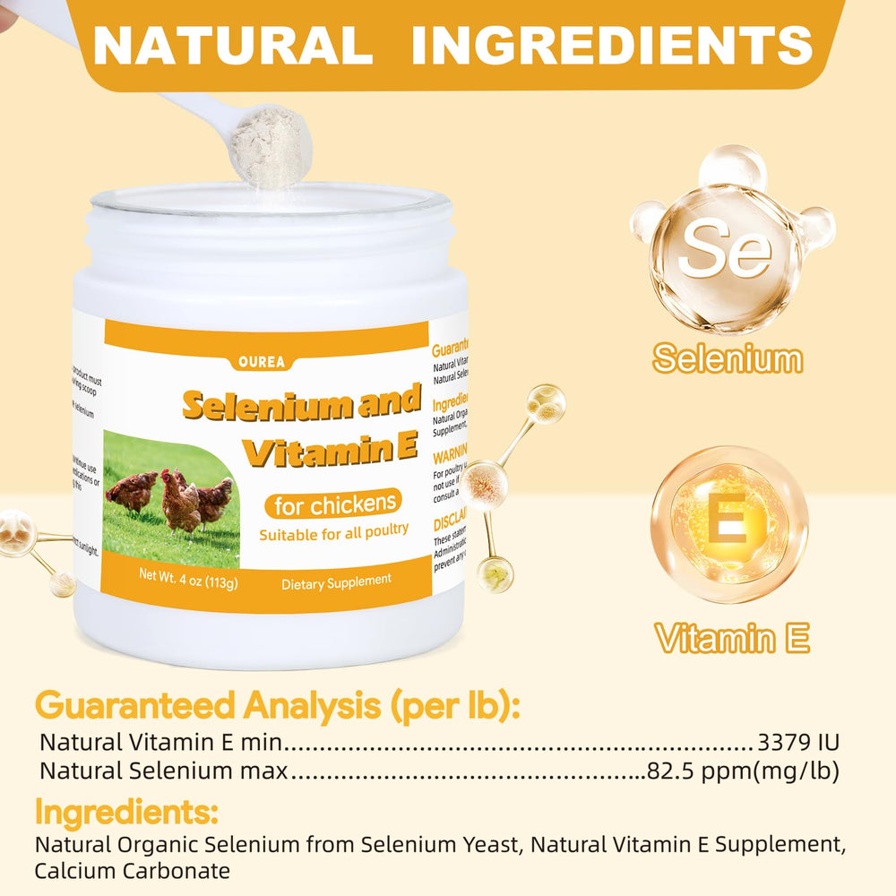 Ourea selenium and vitamin E powder for chickens in backyard flock ready for feeding