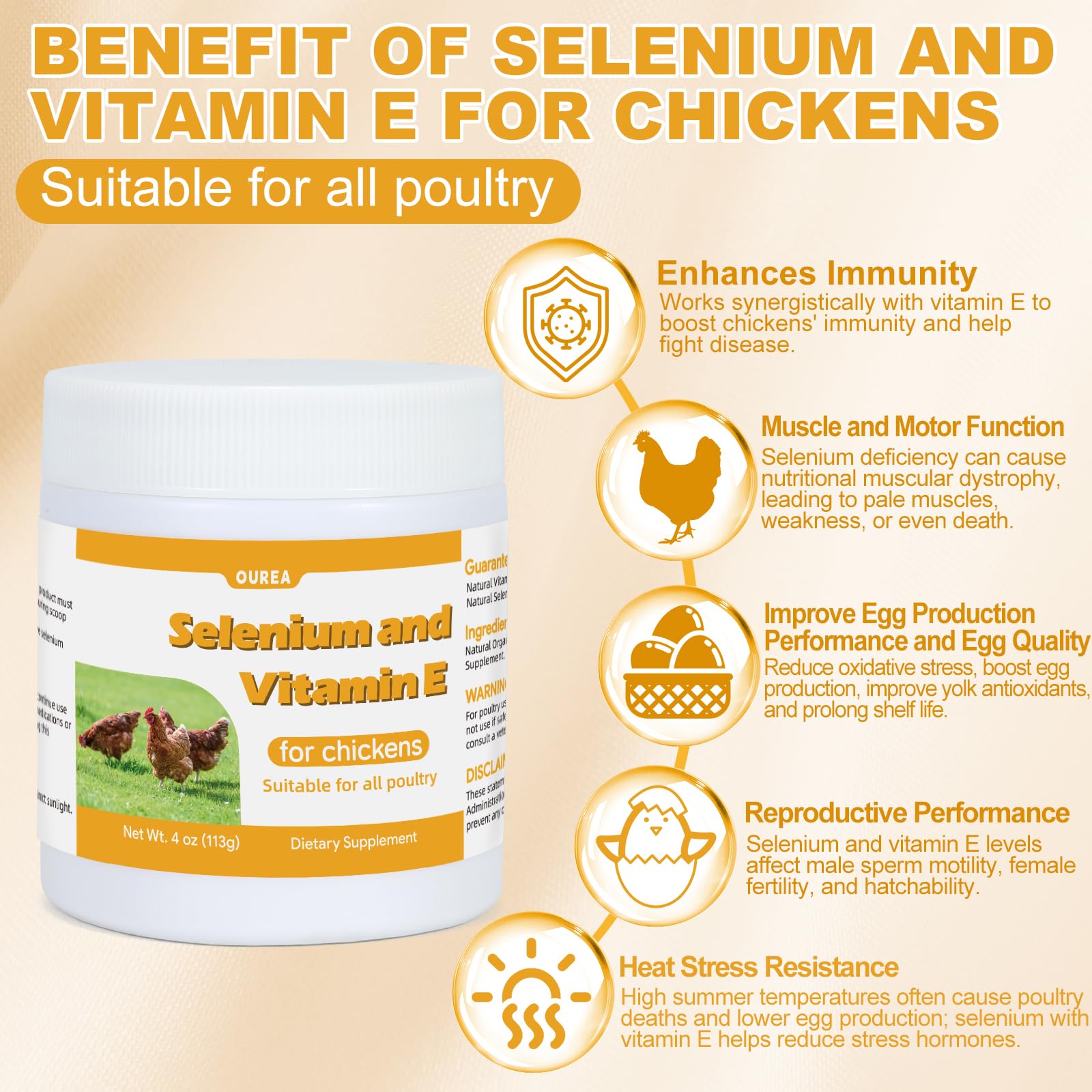 Ourea selenium and vitamin E powder for chickens with dosing spoon enables even feed mixing