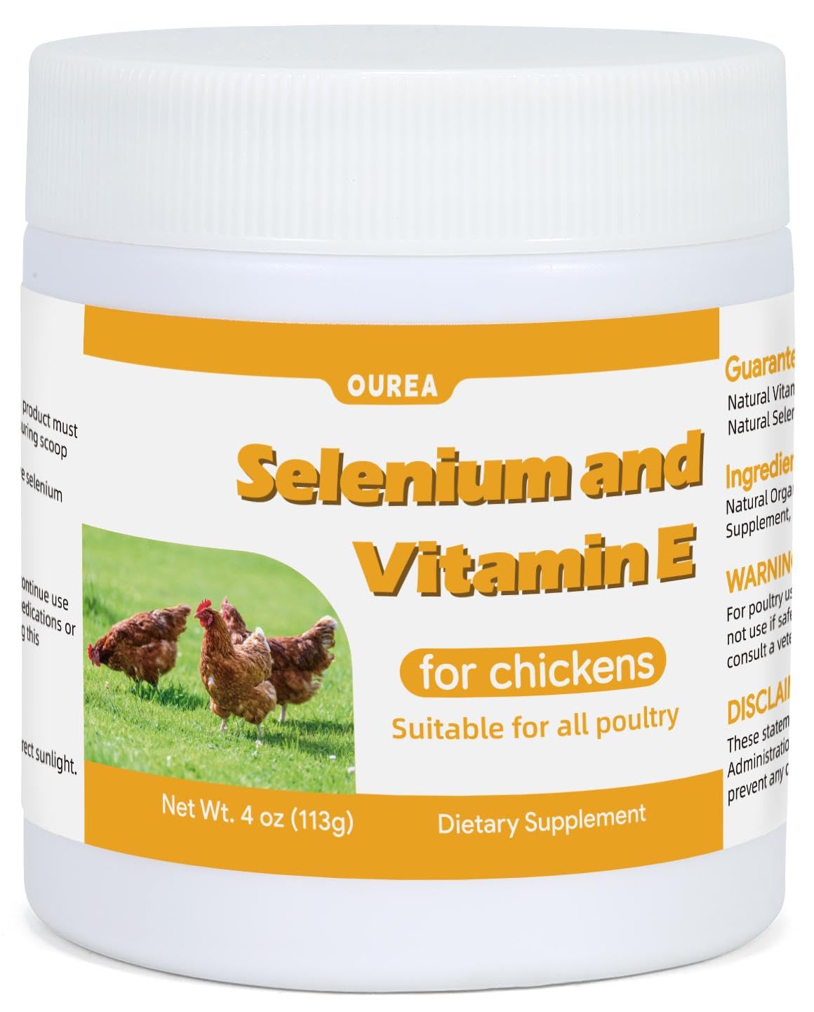Ourea selenium and vitamin E powder for chickens in a jar supports immune health and vitality