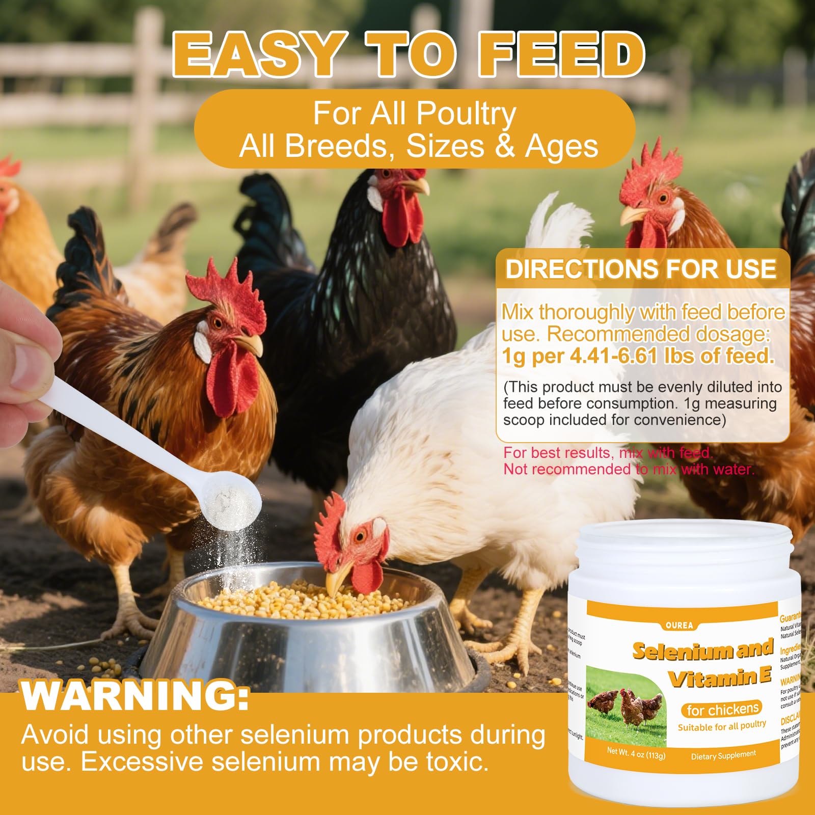 Ourea selenium and vitamin E powder for chickens during seasonal stress aids resilience