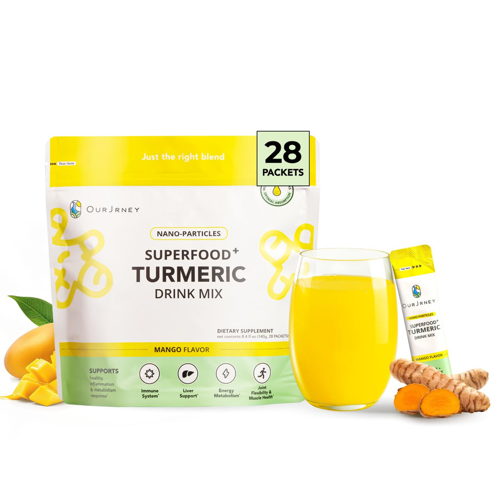 OurJrney Nano Turmeric Drink mango packet ready to mix for on-the-go wellness